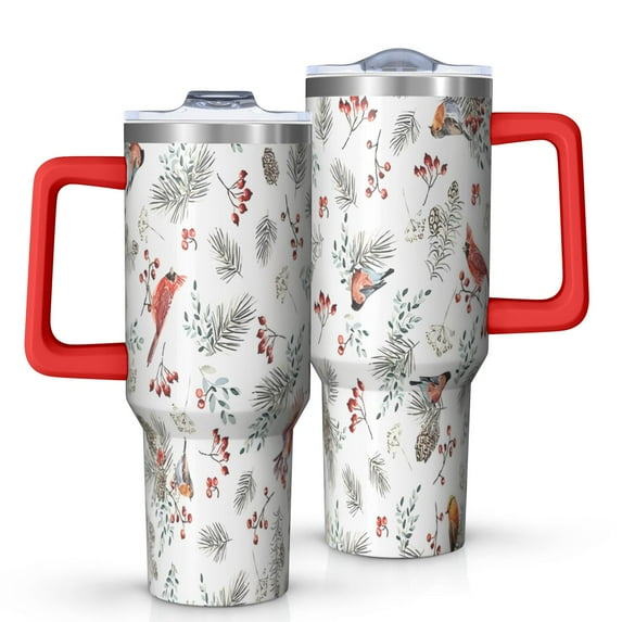 White Christmas Bird and Pine Pattern Tumbler with Handle and Lid,40oz Double Wall Vacuum Insulated Tumbler,Cups Gift for Women and Men