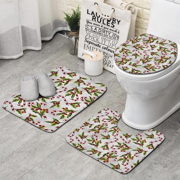 White Christmas Candy Cane Pattern Bathroom Rugs Sets 3 Piece,Toilet Cover Set,Absorbent Non Slip Bathroom Mats Sets with U-Shaped Contour Rug Toilet Rug Set