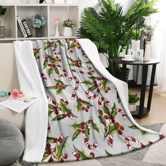 White Christmas Candy Cane Pattern Blanket,Comfortable Soft Flannel Throw Blanket,All Season,Warm Lightweight Blankets for Sofa Bed Couch Living Room Chair,50"x60"