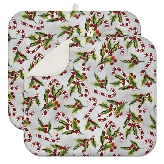 White Christmas Candy Cane Pattern Dish Drying Mat for Kitchen 1 Pack, Ultra Absorbent Microfiber Dishes Drainer Mats,16x18in(41x46cm)