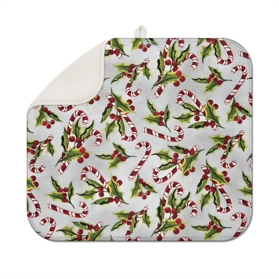 White Christmas Candy Cane Pattern Dish Drying Mat for Kitchen 1 Pack, Ultra Absorbent Microfiber Dishes Drainer Mats,16x18in(41x46cm)