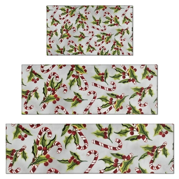 White Christmas Candy Cane Pattern Kitchen Rugs Sets Of 3,Kitchen Runner Rugs Non Skid Washable,Decorative Kitchen Floor Mats for Kitchen,Sink,Laundry,17"x30"+ 17"x47" + 17"x59"