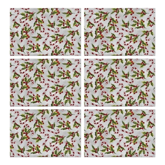 White Christmas Candy Cane Pattern Summer Placemats Table Placemats Set Of 6-Linen Kitchen Washable Placemats Table Mats 11.8"x17.7" Non-Slip Heat Resistant