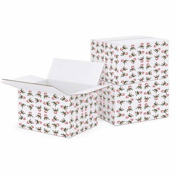 White Christmas Candy Canes & Green Bows Print Corrugated Shipping Box,5x5x5 Inches, Holiday Gift Mailer Boxes for Christmas Packaging, E-Commerce Shipping & Retail - Pack of 100 Pcs