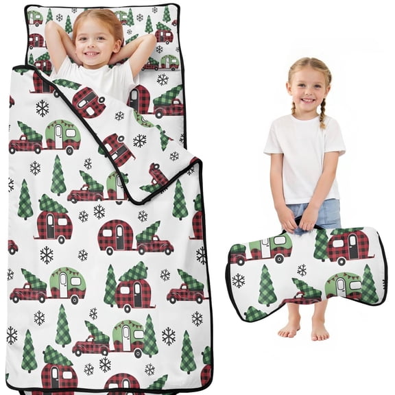 White Christmas Car and Camper Pattern Toddler Nap Mats for Kids Preschool,50"x20" Sleeping Mat Bag or Kids,Toddler Sleeping Bag,Toddler Nap Mat or Daycare