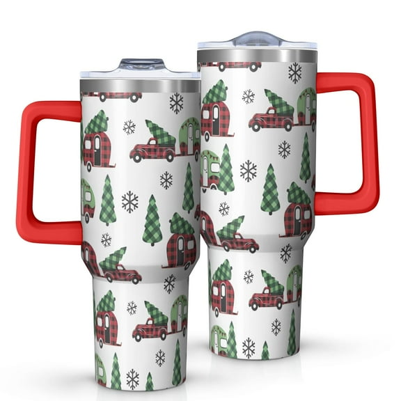 White Christmas Car and Camper Pattern Tumbler with Handle and Lid,40oz Double Wall Vacuum Insulated Tumbler,Cups Gift for Women and Men