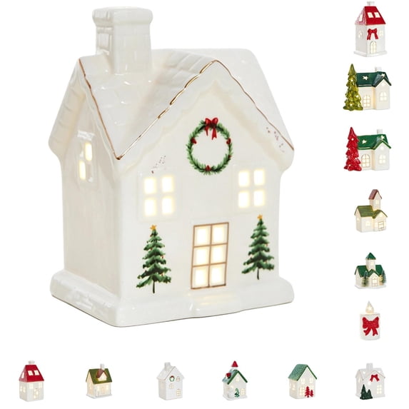 White Christmas Decor Ceramic Lighted Snow House, Christmas Village Tabletop Ornament for Holiday Shelf Decor, Winter Wonderland Home with Cozy Glow, 5.5 Inch