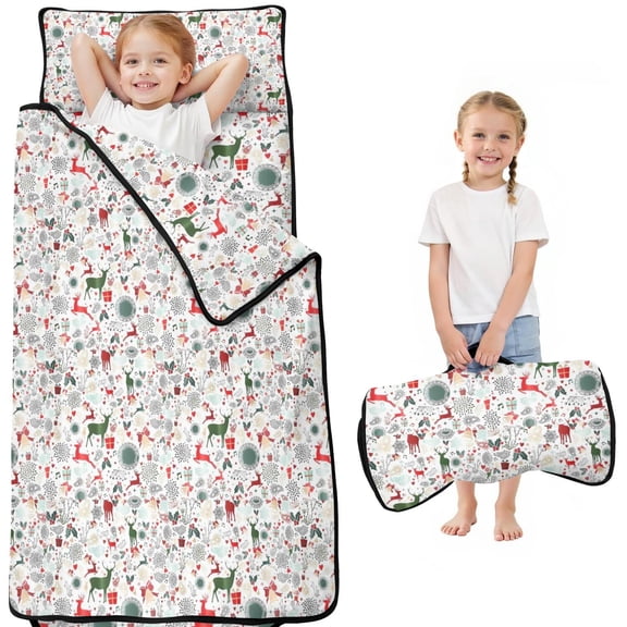 White Christmas Deer and Gift Pattern Toddler Nap Mats for Kids Preschool,51"x22" Sleeping Mat Bag or Kids,Toddler Sleeping Bag,Toddler Nap Mat or Daycare