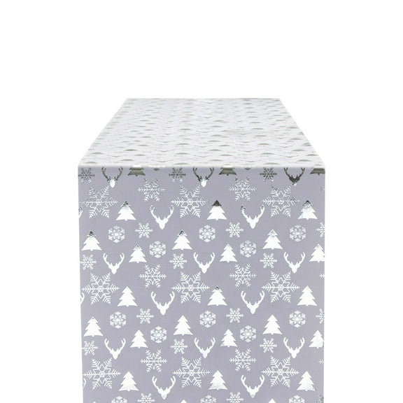 White Christmas Deer Table Runner, Velvet Polyester With Gold Printing, 28X275Cm, For Holiday Gathering Dining, Festive Home Decor