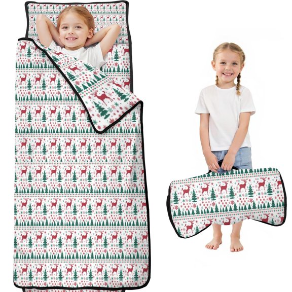White Christmas Deer and Tree Pattern Toddler Nap Mats for Kids Preschool,60"x20" Sleeping Mat Bag or Kids,Toddler Sleeping Bag,Toddler Nap Mat or Daycare