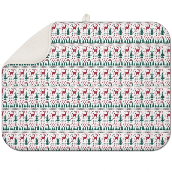 White Christmas Deer and Tree Pattern Dish Drying Mat for Kitchen 1 Pack, Ultra Absorbent Microfiber Dishes Drainer Mats,18x24in(46x61cm)