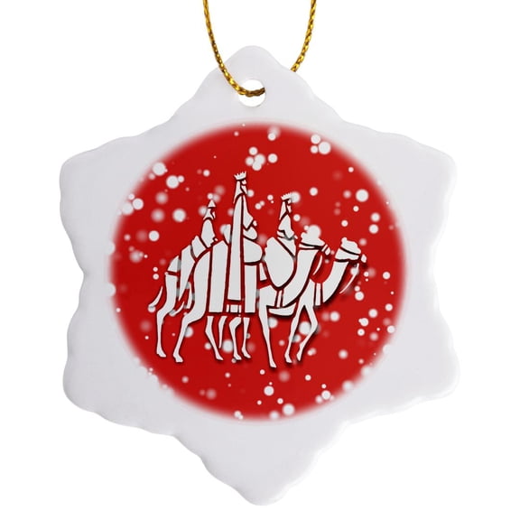 3drose, White Christmas Design- Red and White Three Wise Men on Camels, 3 inch Snowflake Porcelain Ornament