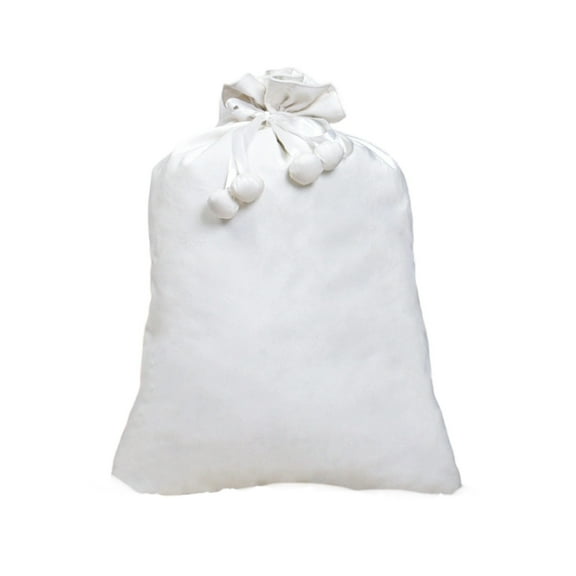 White Christmas Drawstring Bag with Pom Pom Cloth for Festive Decor, 28x20 Inch Xmas Gift Bag for Holiday Storage and Parties
