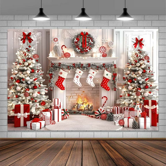 White Christmas Fireplace Photo Backdrop Winter Xmas Tree Stockings Gifts Background Kids Holiday Party Banner Portrait Photobooth Party Banner Decorations Photo Studio Props 6X4FT