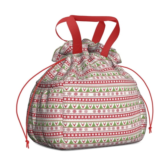 White Christmas Folk Pattern Drawstring Lunch Bag Women - Drawstring Lunch Bag Insulated for Work Office - Stain-Resistant Large Lunchbags for Women with Multi-Pockets