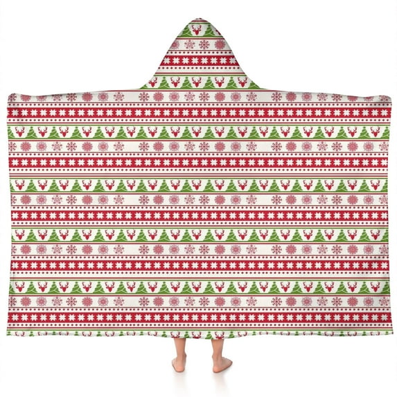 White Christmas Folk Pattern Hooded Bath Towel,60"x35" for Ages 3 To 12 Kids, Quick Dry Lightweight Soft Microfiber Hood Beach Towel Cover Up for Kids