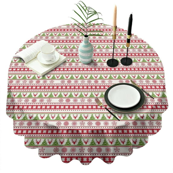 White Christmas Folk Pattern Round Tablecloth 60"x60",Wrinkle Wipeable Table Cloth for Kitchen Dining Room Picnic Patio Party