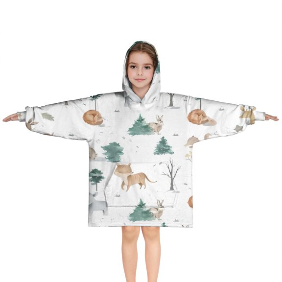 White Christmas Forest Animal Pattern Blanket Hoodies for Kids 6-13YR Oversize Wearable Blanket Hoodies for Boys Girls Teens