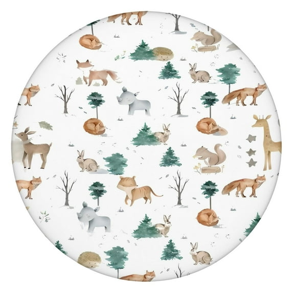 White Christmas Forest Animal Pattern Round Fitted Tablecloth with Elastic Edge,Dining Table Cover Waterproof,Outdoor Round Tablecloth for Camping,Dining,Indoor and Outdoor