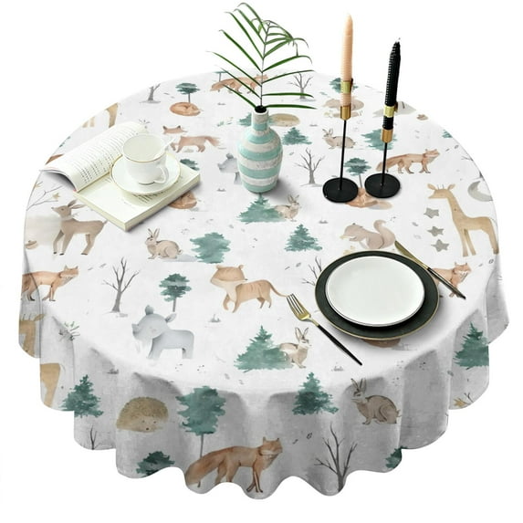 White Christmas Forest Animal Pattern Round Tablecloth 60"x60",Wrinkle Wipeable Table Cloth for Kitchen Dining Room Picnic Patio Party