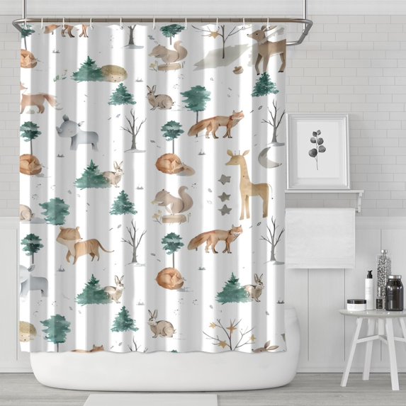 White Christmas Forest Animal Pattern Shower Curtain 84"x72" ,Bathroom Decorative Shower Curtains Set with 12 Hooks,Modern Waterproof Washable Shower Curtain