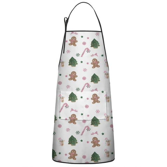 White Christmas Gingerbread Man Pattern Apron-Garden Aprons for Women with Pockets-Cotton Linen Waterproof Kitchen Cooking Gardening Aprons Adjustable for Kitchen,Cooking,BBQ and Salon 33"x27"