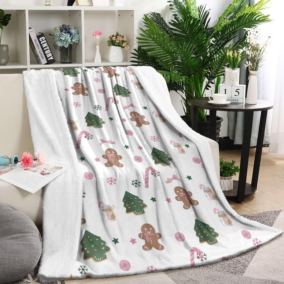White Christmas Gingerbread Man Pattern Blanket,Comfortable Soft Lamb Wool Throw Blanket,All Season,Warm Lightweight Blankets for Sofa Bed Couch Living Room Chair,60"x80"