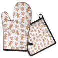 thumbnail image 1 of White Christmas Gingerbread Man Pattern Kitchen Oven Mitt and Pot Holder Sets 2 Pcs for Baking, Cooking and Grilling, Heat Resistant Up To 392 °F, 1 of 7