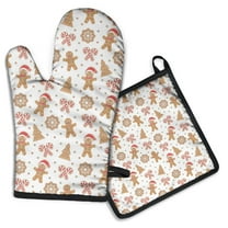 White Christmas Gingerbread Man Pattern Kitchen Oven Mitt and Pot Holder Sets 2 Pcs for Baking, Cooking and Grilling, Heat Resistant Up To 392 °F