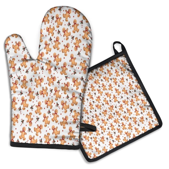 White Christmas Gingerbread Man Pattern Kitchen Oven Mitt and Pot Holder Sets 2 Pcs for Baking, Cooking and Grilling, Heat Resistant Up To 392 °F