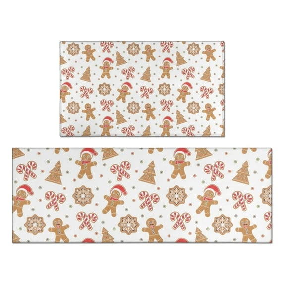 White Christmas Gingerbread Man Pattern Kitchen Rugs Sets Of 2,Anti Fatigue Kitchen Mat Rugs Non Slip Washable,Decorative Kitchen Floor Mats for Kitchen,Sink,Laundry,17"x30"+17"x47"