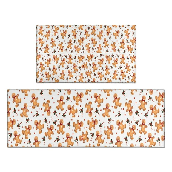 White Christmas Gingerbread Man Pattern Kitchen Rugs Sets Of 2,Anti Fatigue Kitchen Mat Rugs Non Slip Washable,Decorative Kitchen Floor Mats for Kitchen,Sink,Laundry,17"x30"+17"x47"