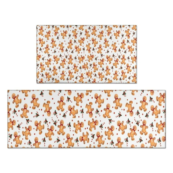 White Christmas Gingerbread Man Pattern Kitchen Rugs Sets Of 2,Anti Fatigue Kitchen Mat Rugs Non Slip Washable,Decorative Kitchen Floor Mats for Kitchen,Sink,Laundry,17"x30"+17"x47"