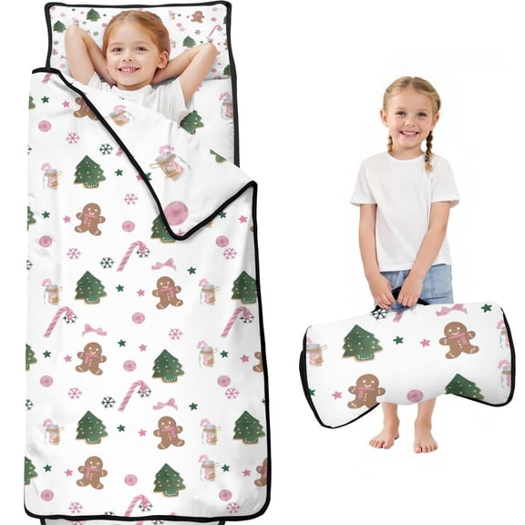 White Christmas Gingerbread Man Pattern Toddler Nap Mats for Kids Preschool,60"x20" Sleeping Mat Bag or Kids,Toddler Sleeping Bag,Toddler Nap Mat or Daycare