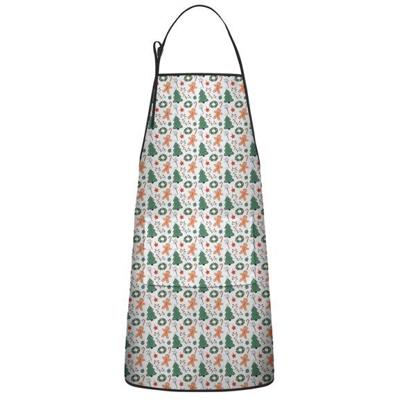 White Christmas Gingerbread and Tree Pattern Apron-Garden Aprons for Women with Pockets-Cotton Linen Waterproof Kitchen Cooking Gardening Aprons Adjustable for Kitchen,Cooking,BBQ and Salon 33"x27"