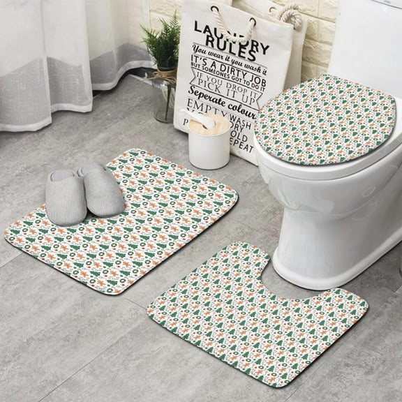 White Christmas Gingerbread and Tree Pattern Bathroom Rugs Sets 3 Piece,Toilet Cover Set,Absorbent Non Slip Bathroom Mats Sets with U-Shaped Contour Rug Toilet Rug Set
