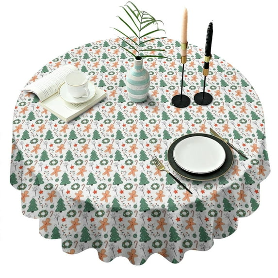 White Christmas Gingerbread and Tree Pattern Round Tablecloth 60"x60",Wrinkle Wipeable Table Cloth for Kitchen Dining Room Picnic Patio Party