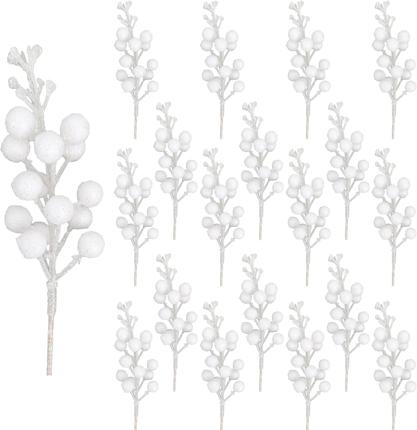 White Christmas Glitter Berry Stem, Artificial Berry Picks 9 Inch Holly Berries Branches for Christmas Tree Decorations Wreath, Crafts, Holiday and Home Decor,Christmas Ornaments(20 Pack)