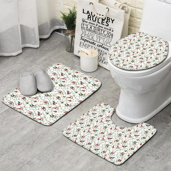 White Christmas Gnome and Light Pattern Bathroom Rugs Sets 3 Piece,Toilet Cover Set,Absorbent Non Slip Bathroom Mats Sets with U-Shaped Contour Rug Toilet Rug Set