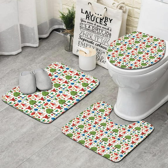 White Christmas Gnome Pattern Bathroom Rugs Sets 3 Piece,Toilet Cover Set,Absorbent Non Slip Bathroom Mats Sets with U-Shaped Contour Rug Toilet Rug Set