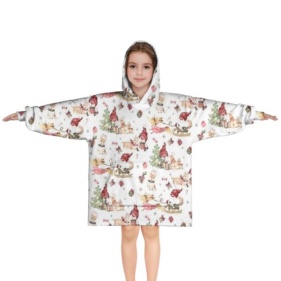 White Christmas Gnome Pattern Blanket Hoodies for Kids 6-13YR Oversize Wearable Blanket Hoodies for Boys Girls Teens
