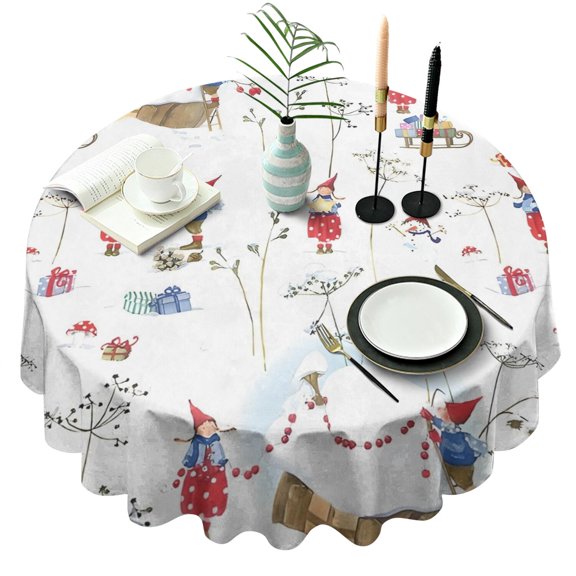 White Christmas Gnome Pattern Round Tablecloth 60"x60",Wrinkle Wipeable Table Cloth for Kitchen Dining Room Picnic Patio Party