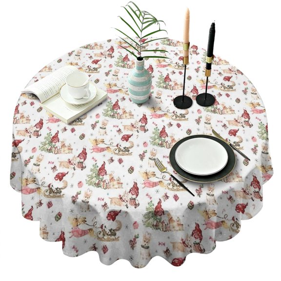 White Christmas Gnome Pattern Round Tablecloth 60"x60",Wrinkle Wipeable Table Cloth for Kitchen Dining Room Picnic Patio Party