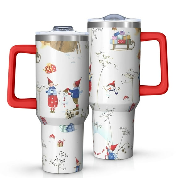 White Christmas Gnome Pattern Tumbler with Handle and Lid,40oz Double Wall Vacuum Insulated Tumbler,Cups Gift for Women and Men