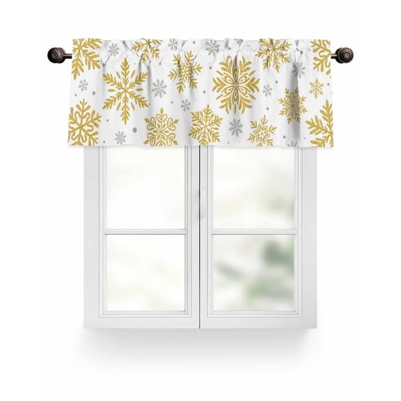 White Christmas Kitchen Valances for Windows Abstract Snowflake Pattern Valance Curtains for Kitchen /Living Room/Bedroom/ Bathroom Decor, 54"x18 " ,Rod Pocket 1 Panel, Gold Silver