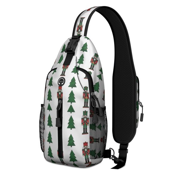 White Christmas Nutcracker Pattern Sling Backpack, Travel Shoulder Pack with Earphone Port, Breathable Padded Back Gift Ideas for Holiday Birthday Gifts