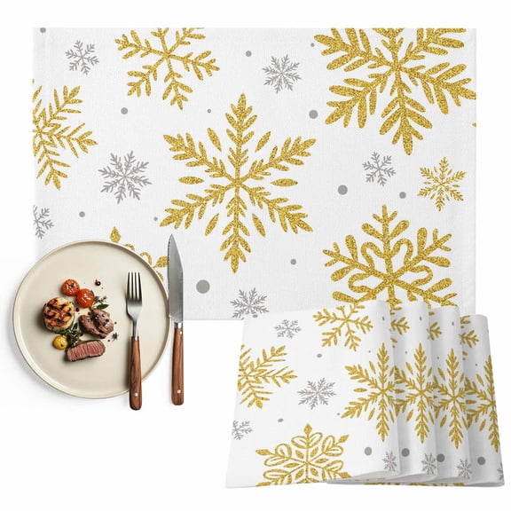 White Christmas Placemats Set of 8, Abstract Snowflake Pattern Table Mats Washable Heat-Insulation Non-Slip Place Mats for Kitchen Dinner Table Indoor Outdoor Decor,13x19 Inch Gold Silver
