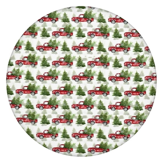White Christmas Red Truck and Tree Pattern Round Fitted Tablecloth with Elastic Edge,Dining Table Cover Waterproof,Outdoor Round Tablecloth for Camping,Dining,Indoor and Outdoor