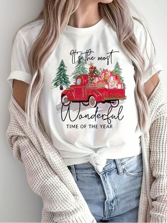 White Christmas Red Truck Wonderful Time Graphic T Shirt for Women