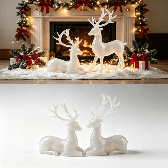 White Christmas Reindeer Statues Set of 2, Decorative Deer Couple Figurines, Resin Winter Reindeer Sculpture for Mantel Shelf Tabletop Bedroom Living Room Holiday Home Decor